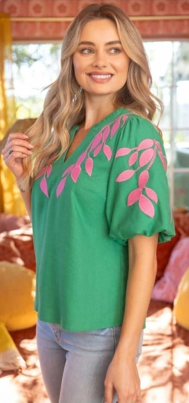 VOY Green Floral Lace V-NeckBoho Embroidered Puff Bubble Sleeve Cotton Linen Mix - Picture 2 of 15